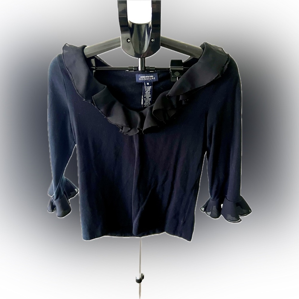 Jones New York Black 3/4 Sleeve Top Size M Chiffon Neck & Cuffs